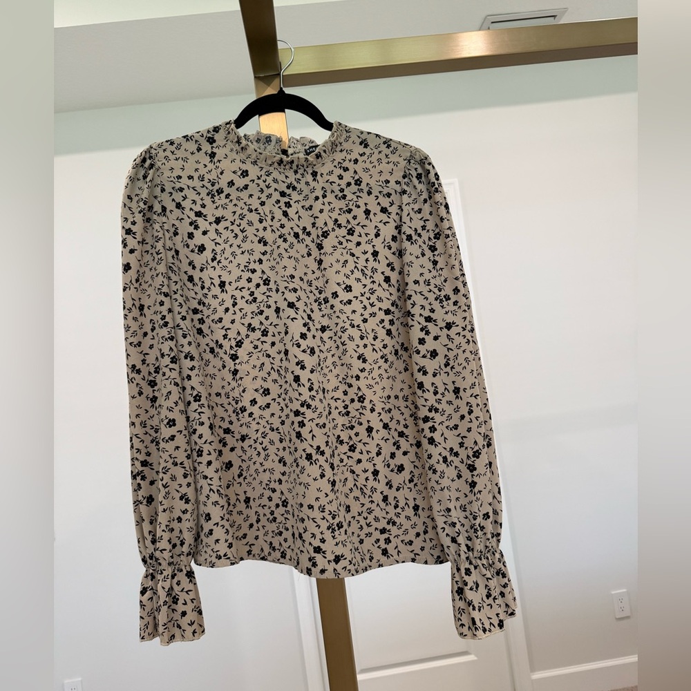 SHEIN Beige Blouse with Black Floral Print and Elastic Cuffs